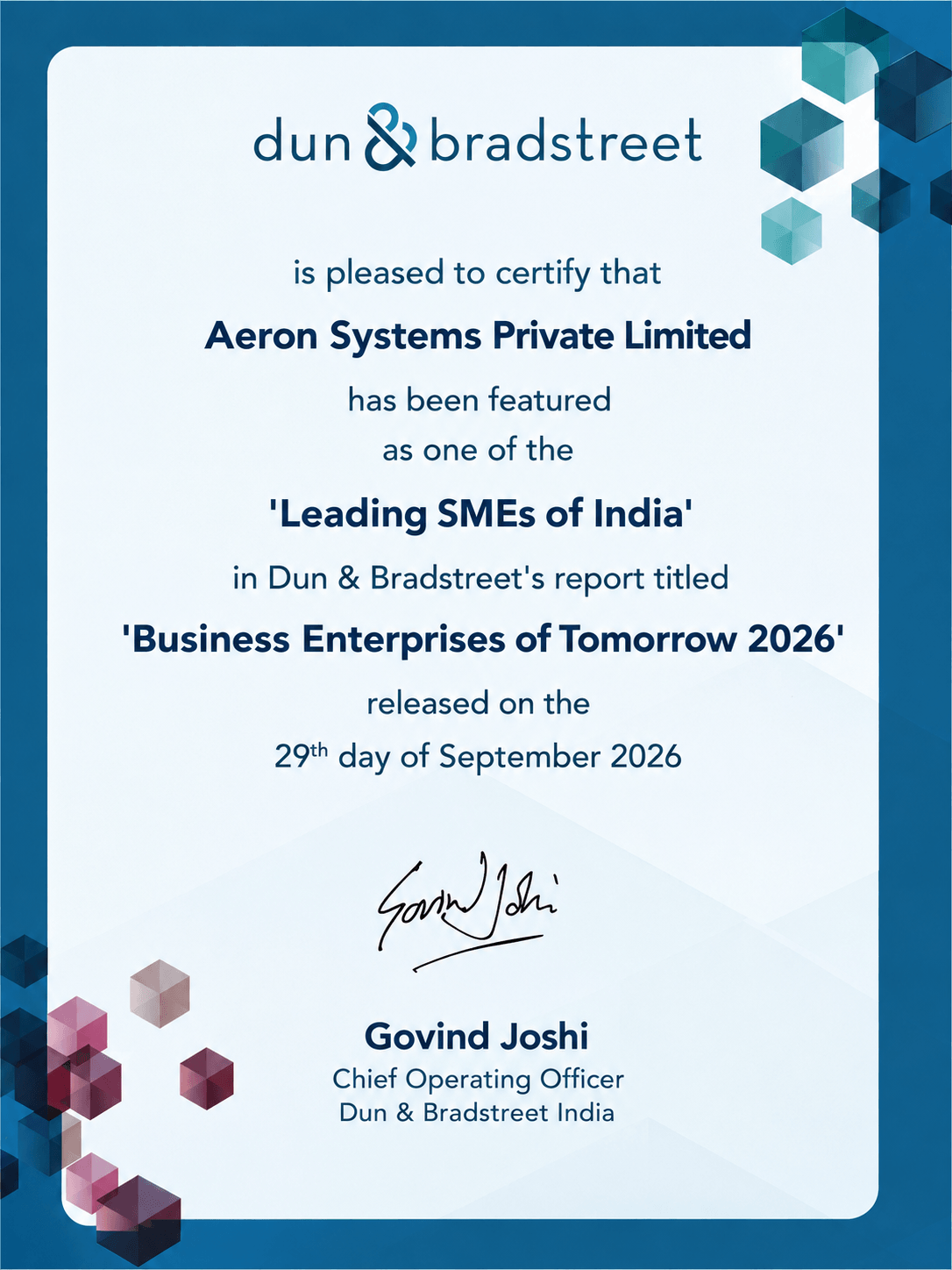 <p><strong>Aeron Systems Recognised Among Leading SMEs of India</strong></p>