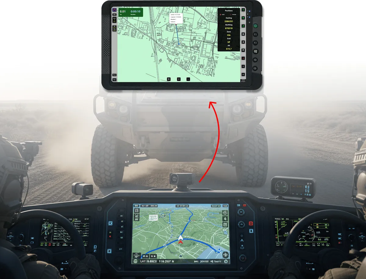 Armoured vehicle cockpit with a navigation map on the dashboard display and on a rugged tablet
